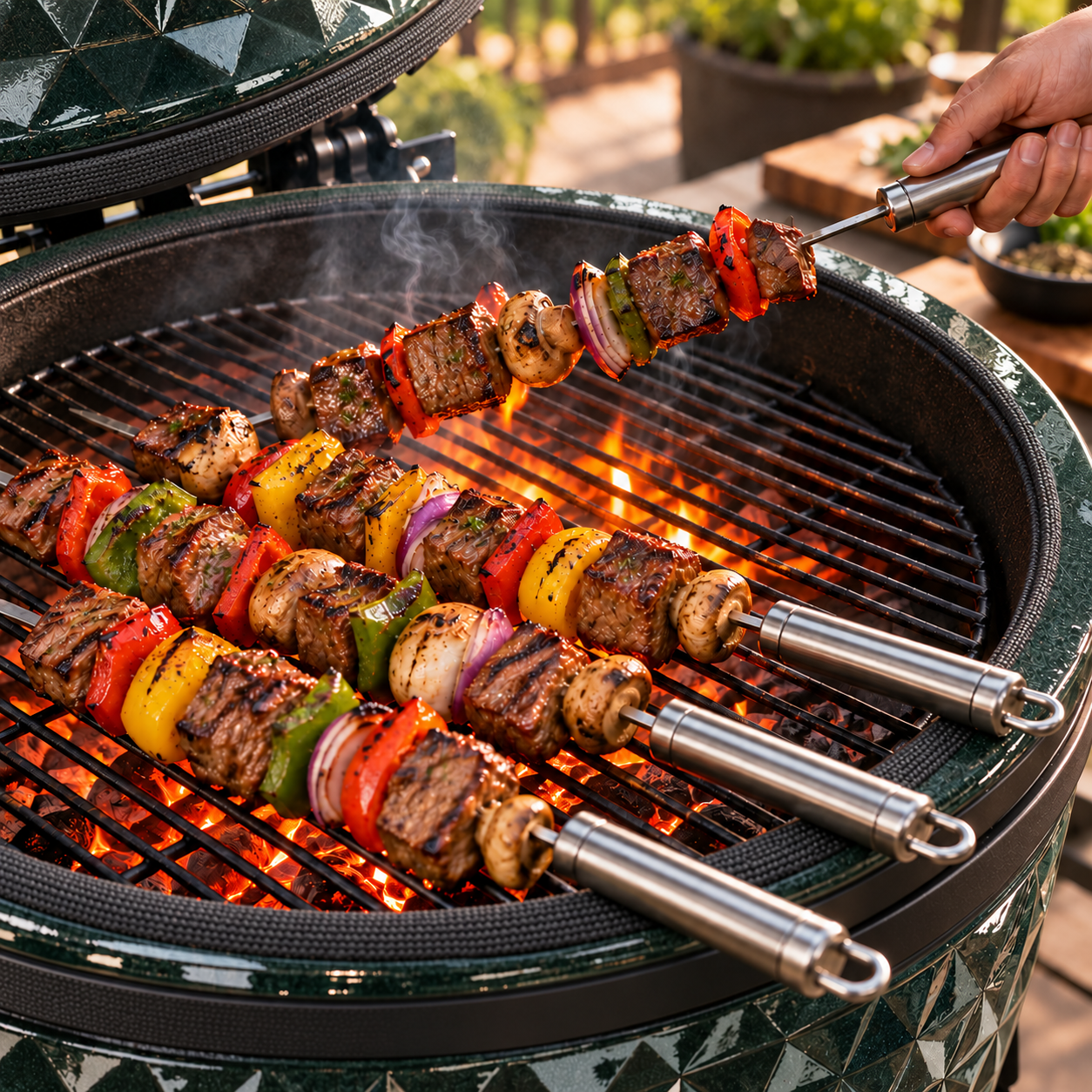 Brochetas para parrilla en uso